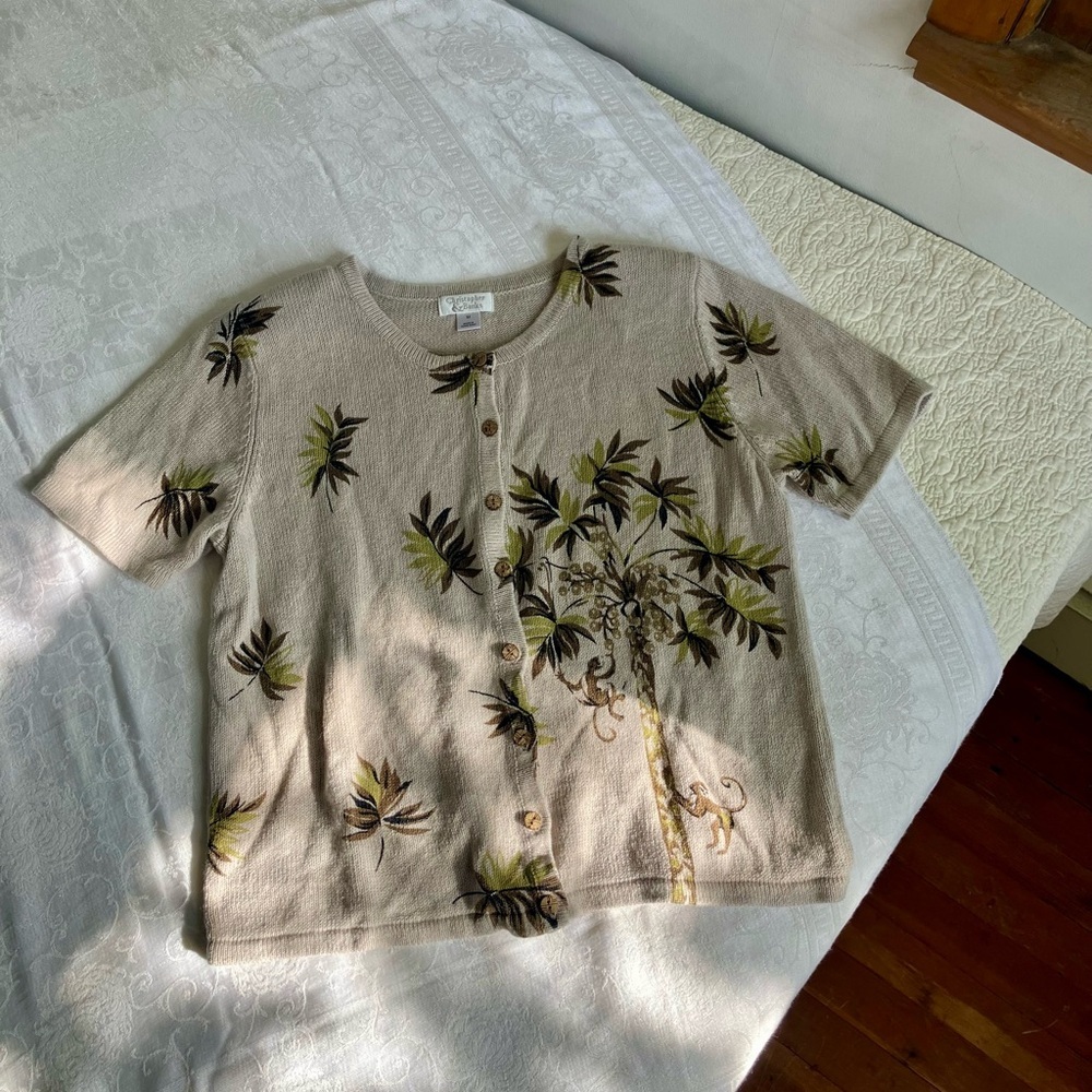 Christopher & Banks short sleeve cardigan tropical scene with monkey